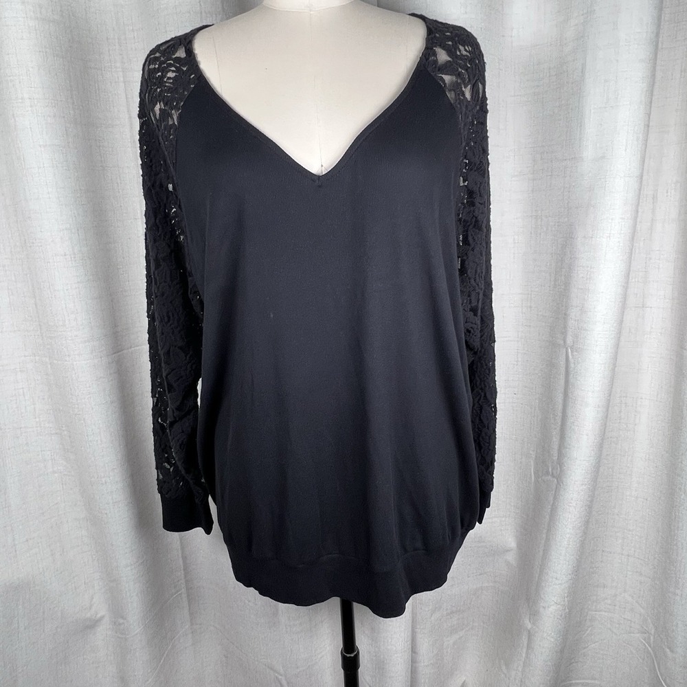 NEW! Torrid Cotton Modal Rib V-Neck Lace Long Sleeve Top Black Plus Size 2X